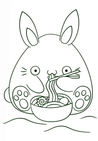 Kawaii Bunny Eats Noodle Coloring Page